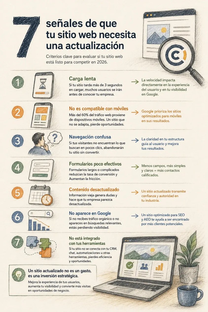 Infografía con siete señales que indican que un sitio web necesita una actualización, como carga lenta, mala experiencia móvil y contenido desactualizado.