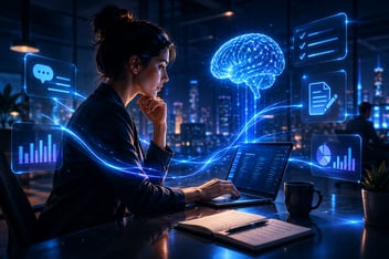 Profesional caminando por una oficina futurista mientras colabora con asistentes de inteligencia artificial representados como interfaces luminosas, simbolizando la adaptación al trabajo en la era de la IA.