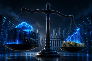 Centro de datos futurista iluminado en azul eléctrico con una balanza financiera gigante representando el costo y la rentabilidad de la inteligencia artificial para las grandes tecnológicas.