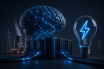 Cerebro digital conectado a centros de datos y redes eléctricas que simbolizan el consumo de energía de la inteligencia artificial y su impacto en la infraestructura tecnológica global.