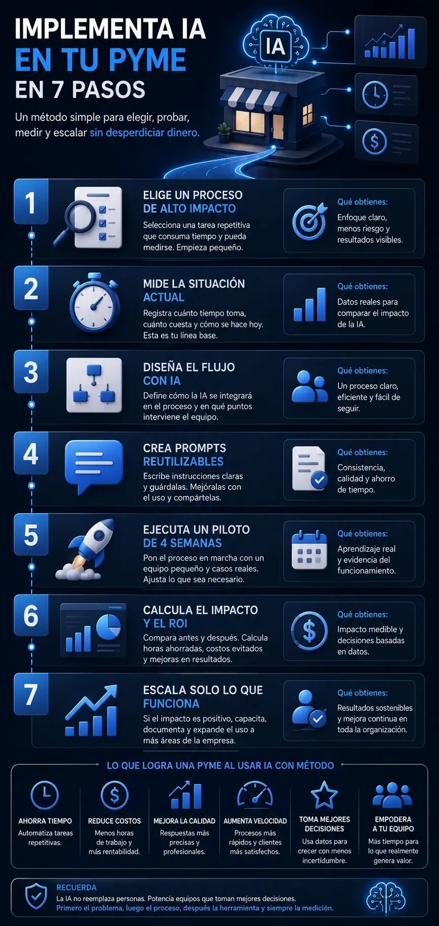 Infografía que explica cómo implementar inteligencia artificial en una pyme en siete pasos, desde la selección del proceso hasta la medición del impacto y el escalado, incluyendo beneficios, métricas y buenas prácticas para una adopción efectiva.