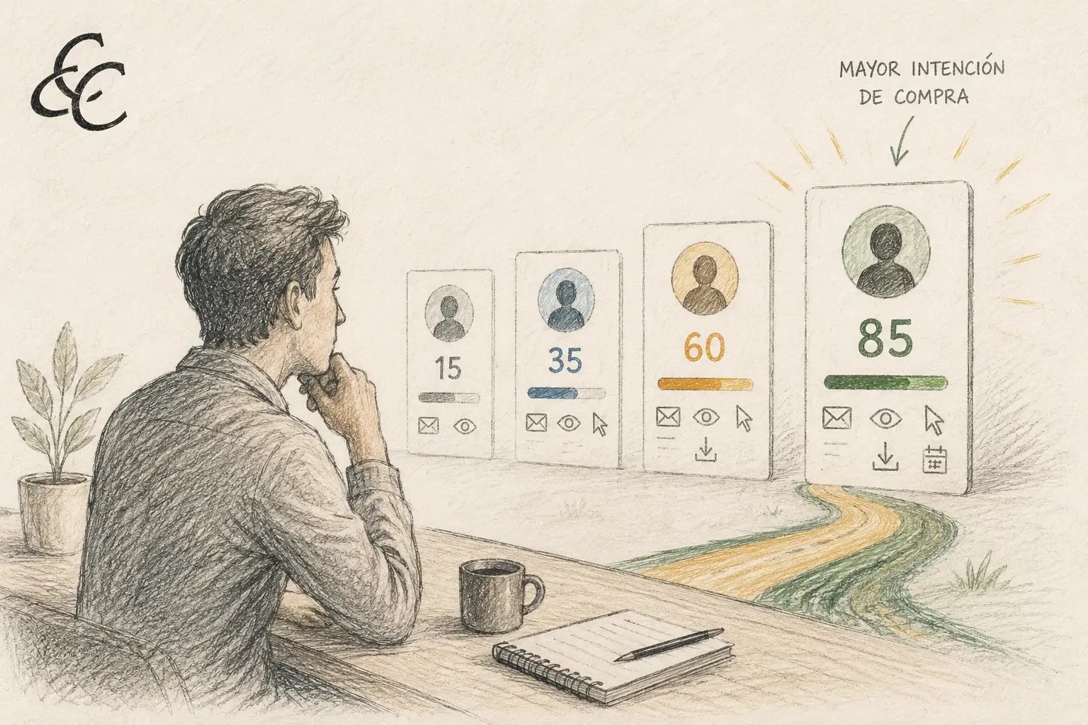 Ilustración editorial que representa cómo el Lead Scoring ayuda a identificar y priorizar los prospectos con mayor probabilidad de convertirse en clientes.