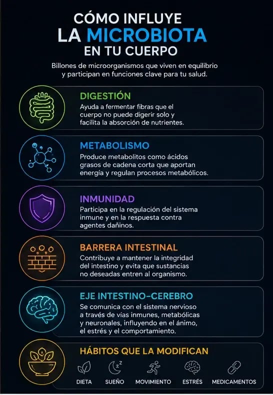 Infografía editorial sobre cómo influye la microbiota en el cuerpo, con una ilustración del ecosistema intestinal y secciones que explican su papel en la digestión, metabolismo, inmunidad, barrera intestinal, eje intestino-cerebro y hábitos que pueden modificarla.