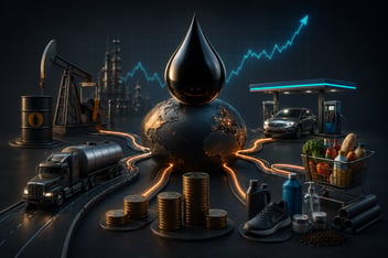 Ilustración editorial 3D de una gota de petróleo transformándose en monedas, alimentos, combustible y productos de consumo, representando cómo el precio del petróleo impacta la economía y el costo de vida.