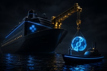 Ilustración editorial 3D de una gran farmacéutica adquiriendo innovación biotecnológica representada por una esfera luminosa azul que simboliza futuros tratamientos médicos.