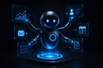 IA agéntica automatizando procesos empresariales como ventas, atención al cliente, correos, análisis de datos y gestión de tareas mediante agentes inteligentes conectados a sistemas digitales.