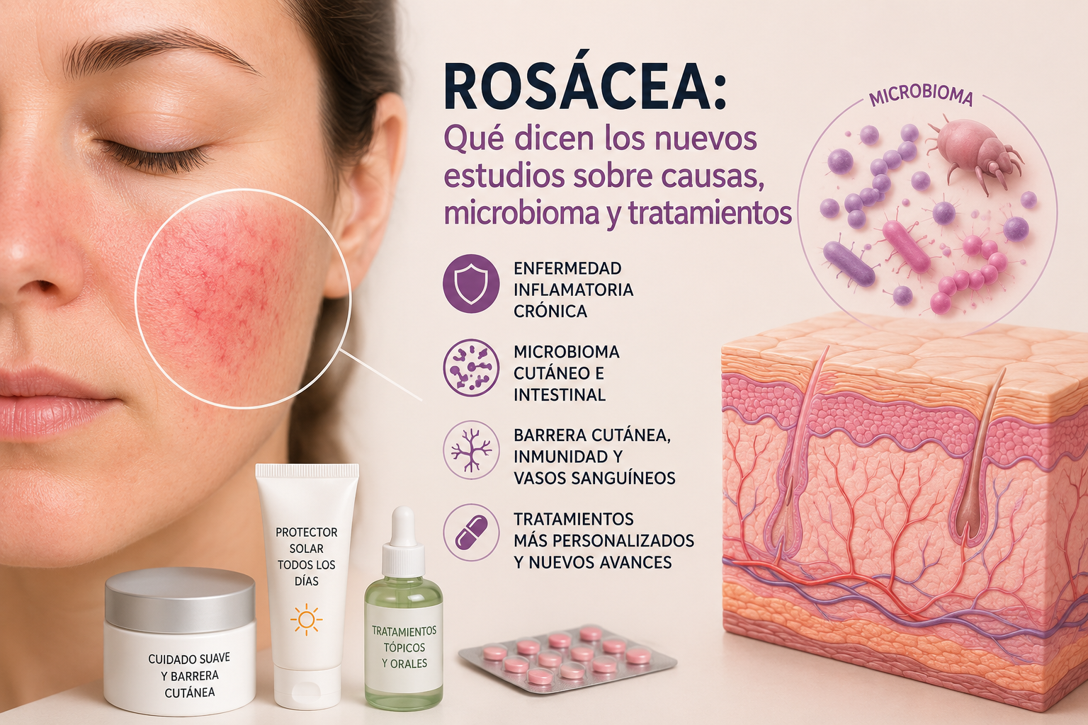 Ilustración editorial 3D que representa la rosácea con un rostro femenino que muestra enrojecimiento facial, un corte transversal de la piel y una representación del microbioma cutáneo, simbolizando los últimos avances científicos sobre las causas y el tratamiento de esta enfermedad inflamatoria crónica.