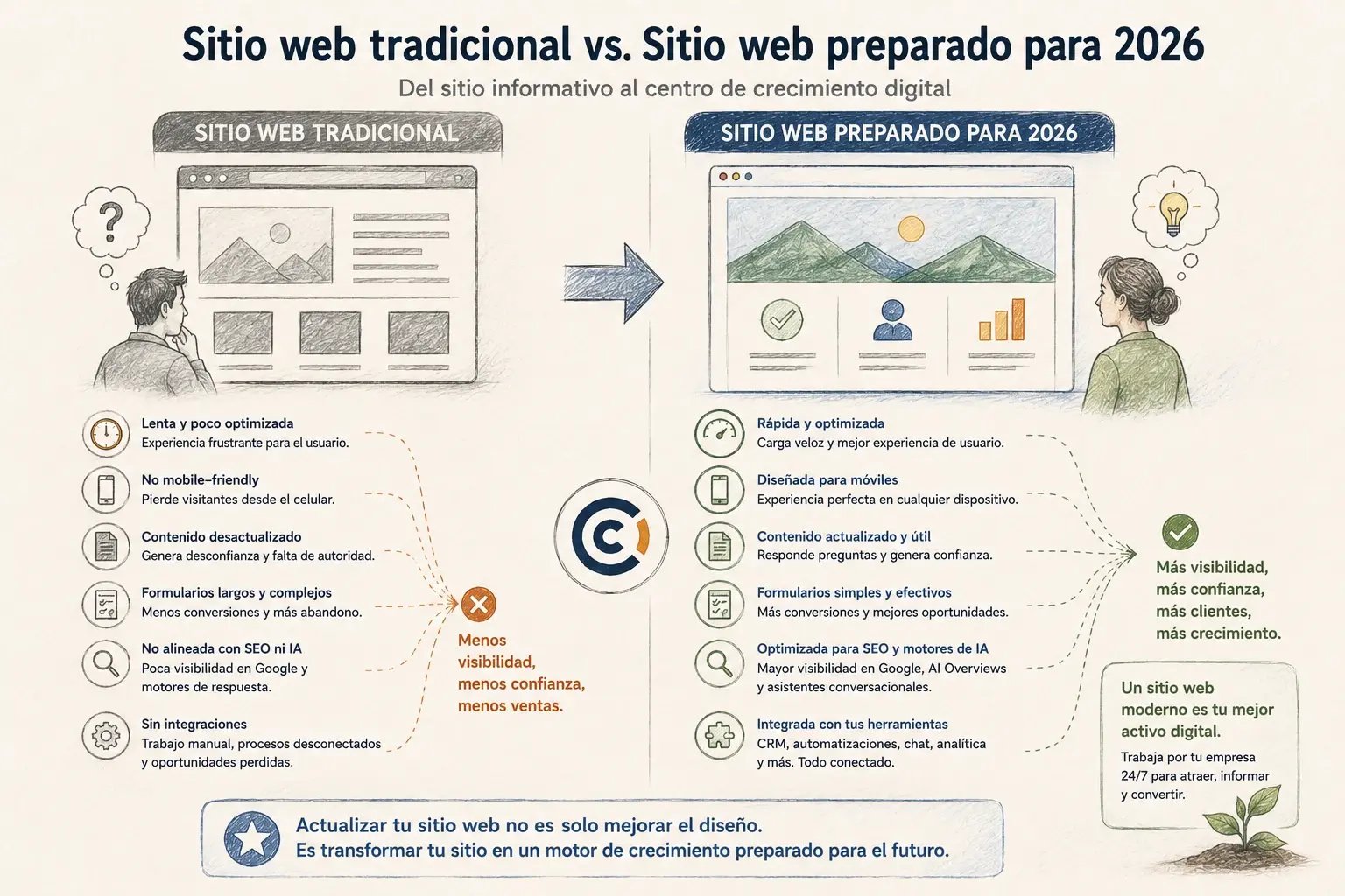 Diagrama comparativo entre un sitio web tradicional y un sitio preparado para 2026, optimizado para móviles, buscadores, inteligencia artificial e integraciones.