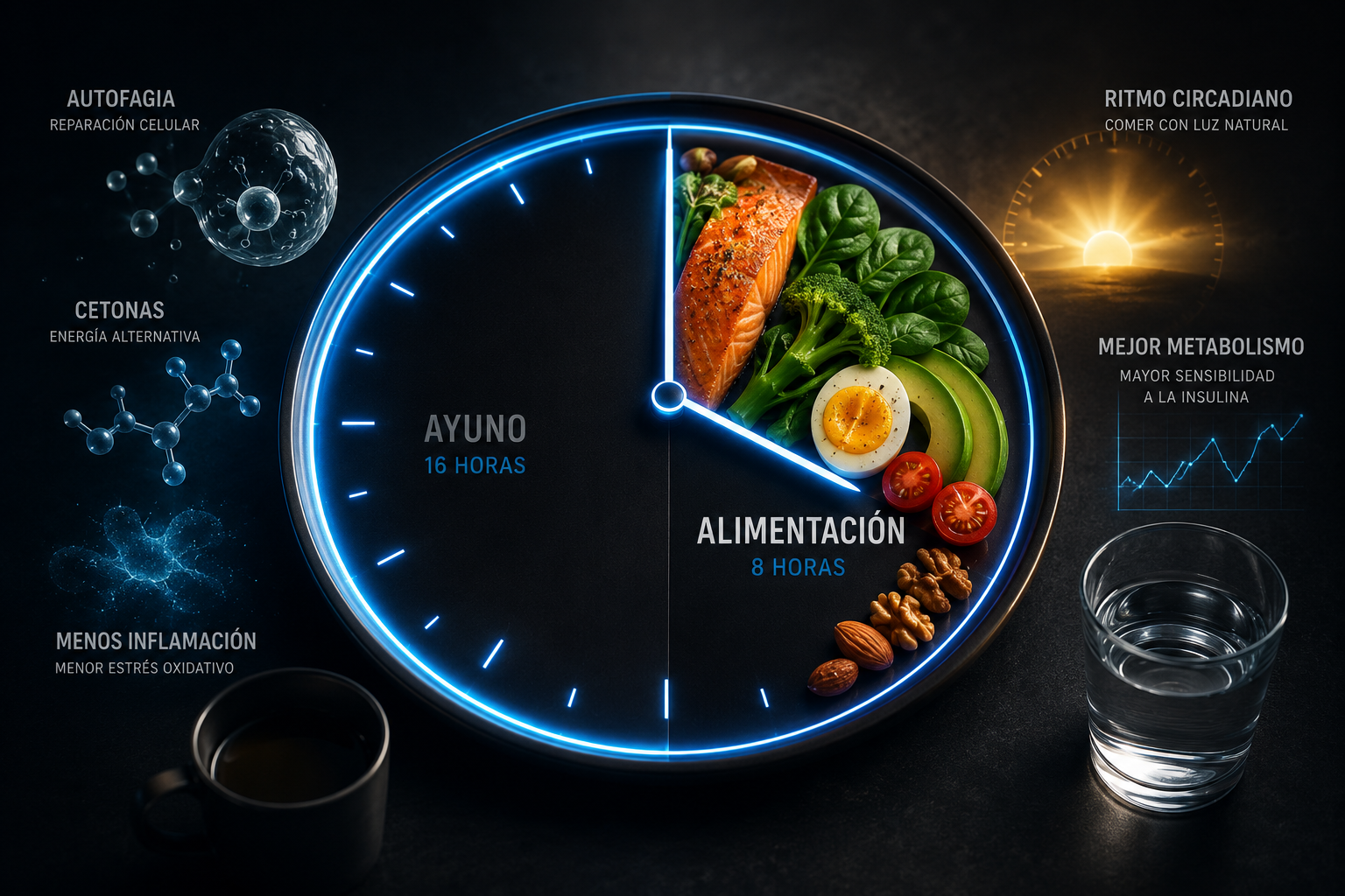 Ilustración conceptual del ayuno intermitente con una ventana de ayuno de 16 horas y alimentación de 8 horas, mostrando alimentos saludables y los principales beneficios estudiados por la ciencia para el metabolismo, la sensibilidad a la insulina y la salud celular.