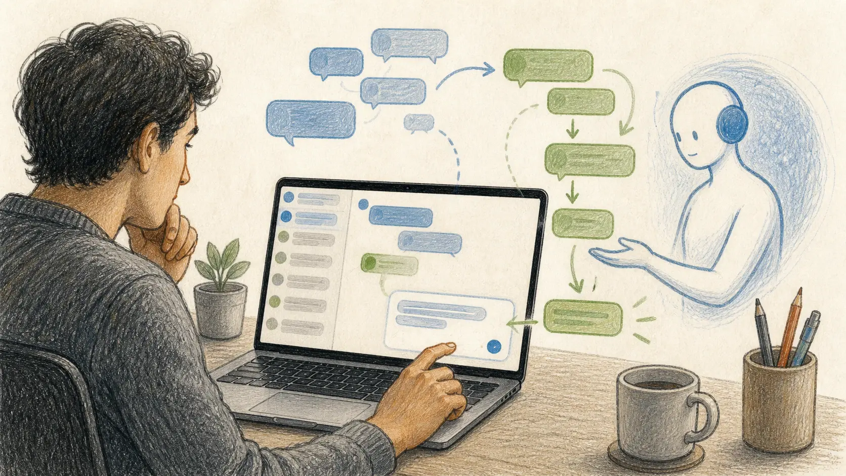 Ilustración de una persona usando ChatGPT en un Mac para organizar y responder conversaciones de Mensajes de Apple.