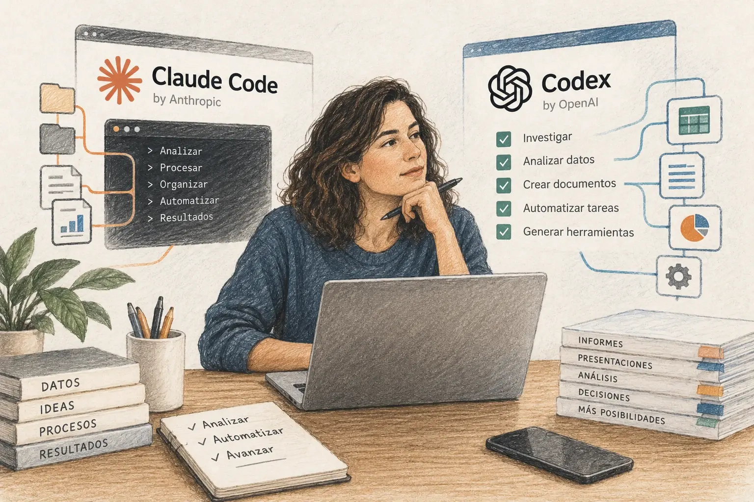 Profesional utiliza Claude Code y Codex para analizar datos, automatizar tareas y crear documentos con inteligencia artificial.