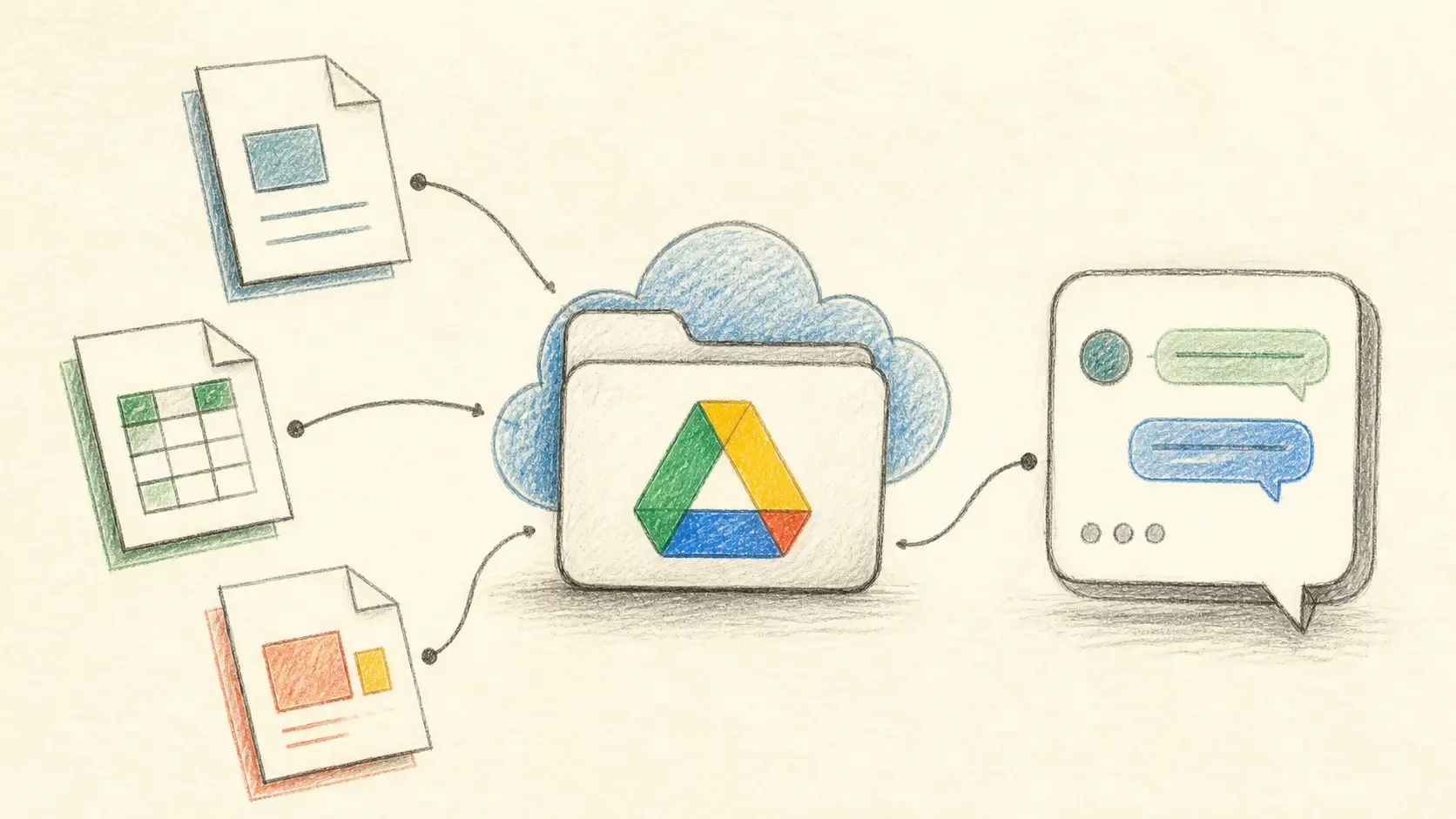 Ilustración de documentos de Google Drive conectados con una conversación de inteligencia artificial.