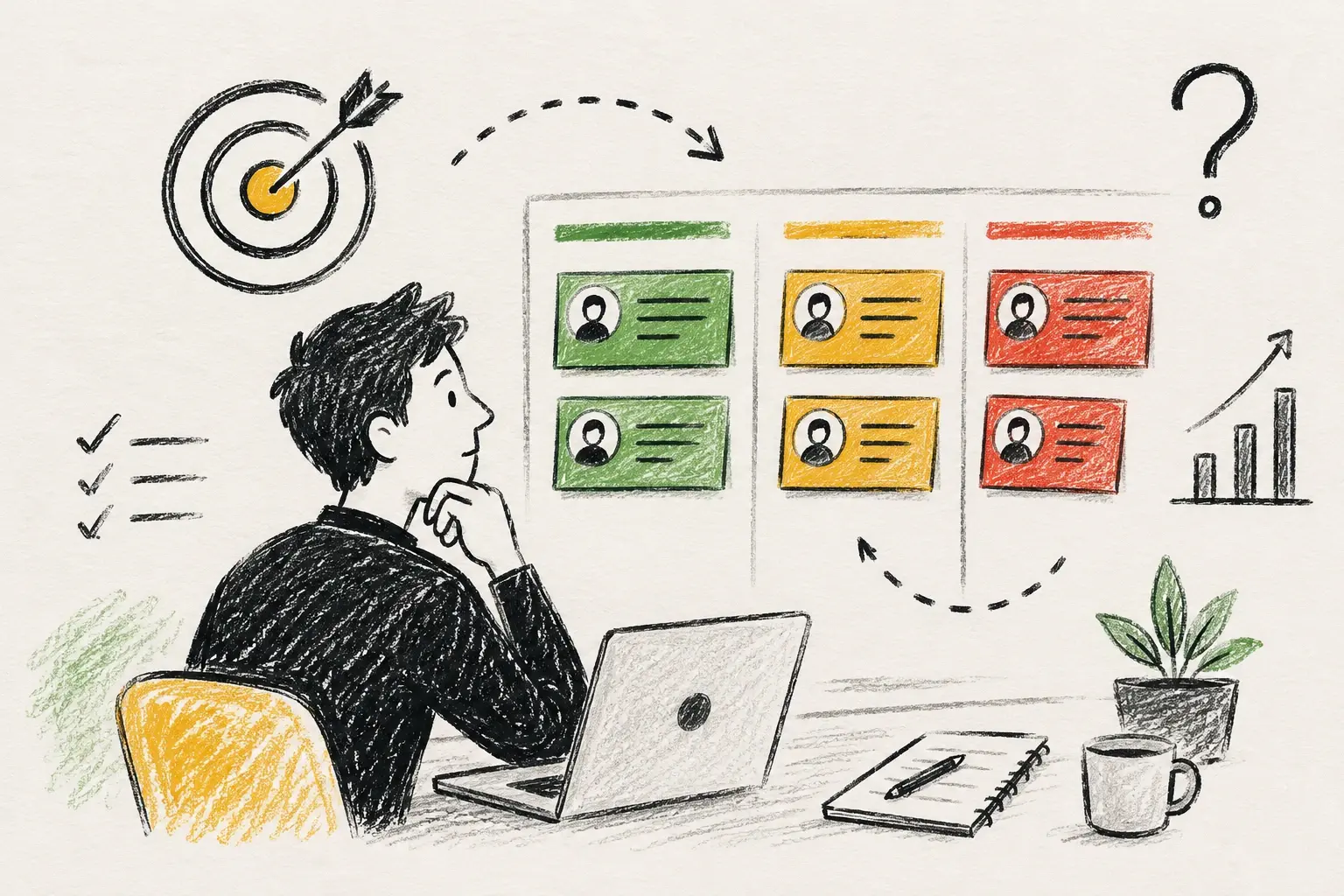 Ilustración editorial hecha a mano de un profesional organizando y priorizando leads y oportunidades comerciales mediante un tablero visual con distintos niveles de prioridad para mejorar la toma de decisiones en ventas.