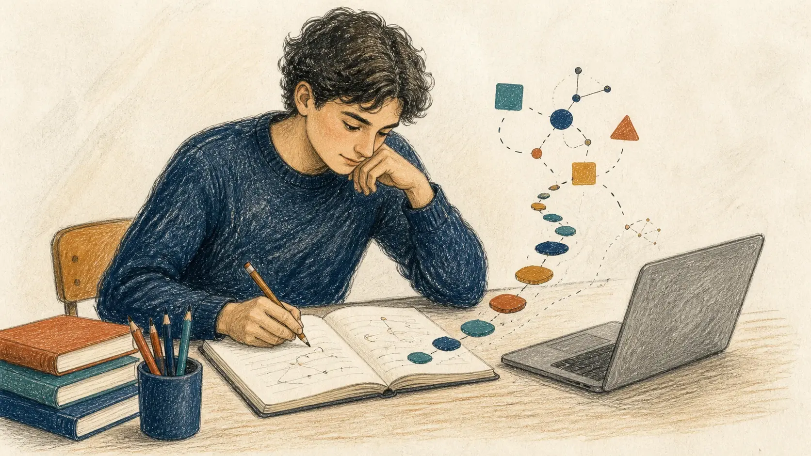 Estudiante escribe en un cuaderno mientras utiliza ChatGPT como guía para aprender paso a paso.
