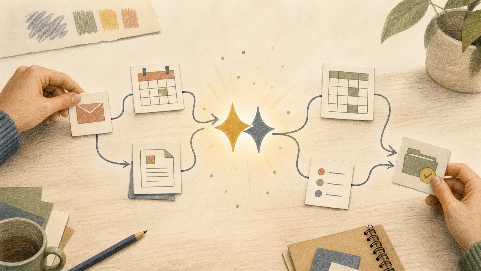 Ilustración artesanal de un flujo de trabajo automatizado con inteligencia artificial que conecta correo, calendario, documentos, hojas de cálculo y tareas.