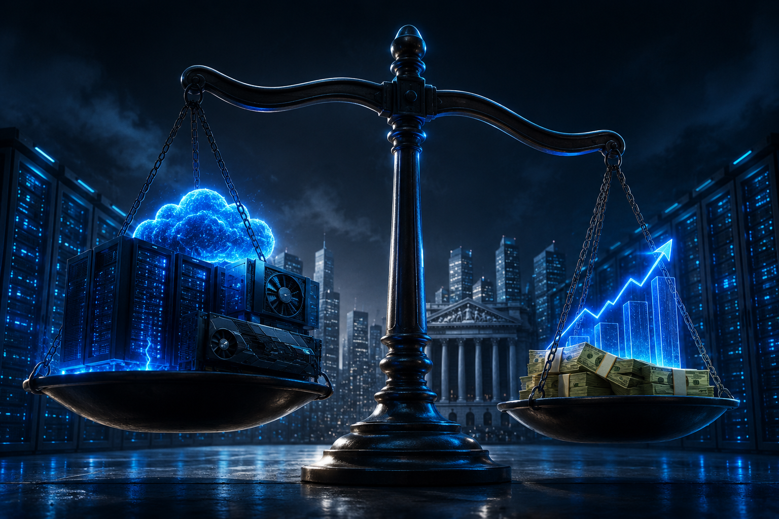 Centro de datos futurista iluminado en azul eléctrico con una balanza financiera gigante representando el costo y la rentabilidad de la inteligencia artificial para las grandes tecnológicas.