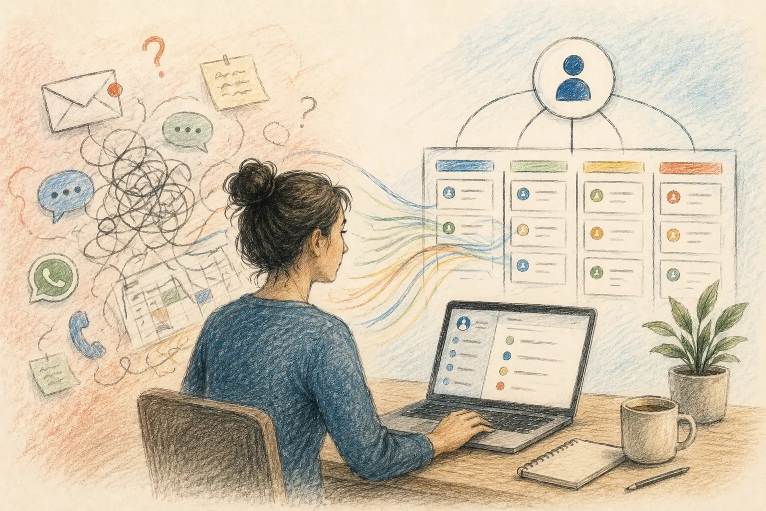 Emprendedora organiza contactos y oportunidades comerciales en un CRM mientras transforma información dispersa en un proceso ordenado.