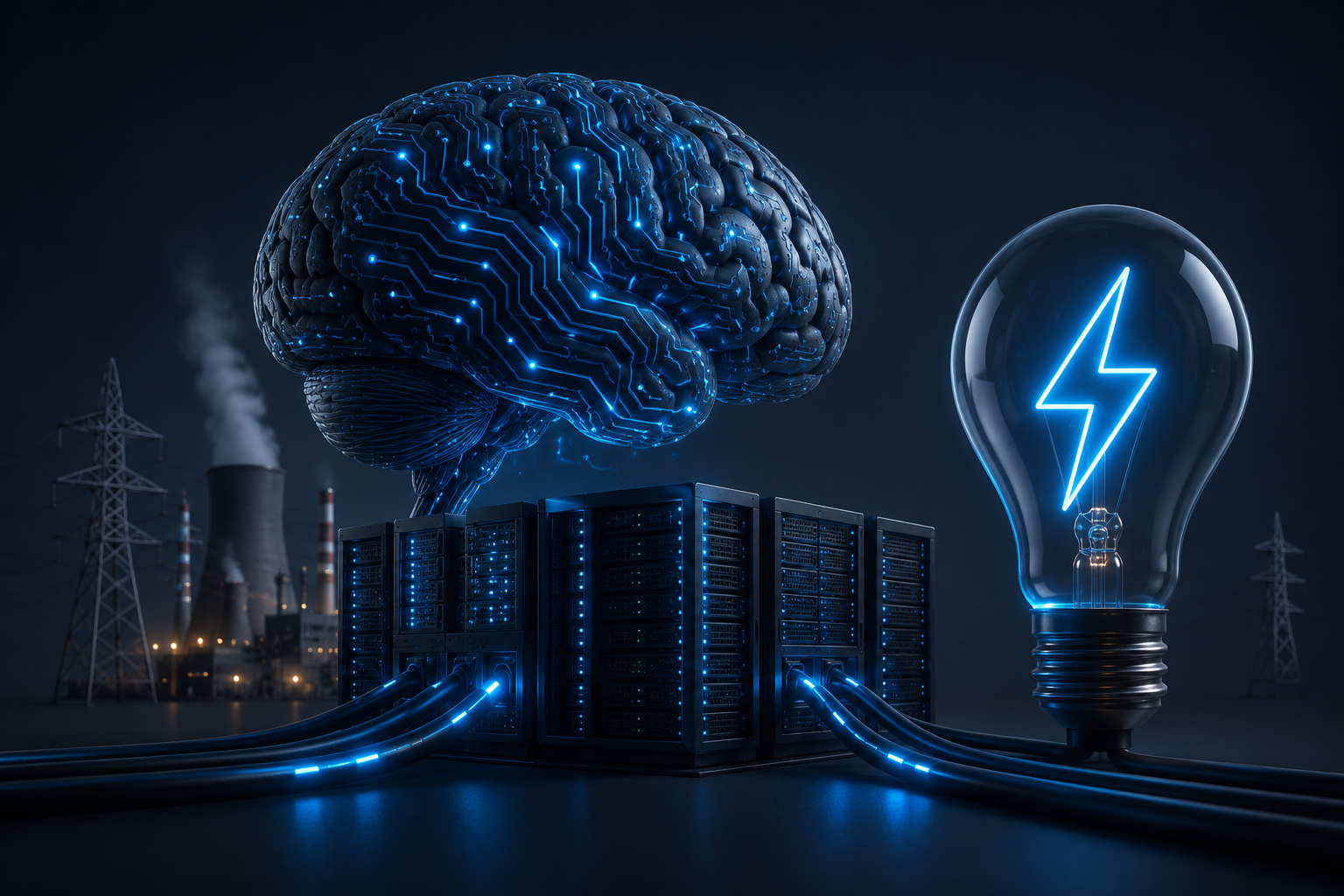 Cerebro digital conectado a centros de datos y redes eléctricas que simbolizan el consumo de energía de la inteligencia artificial y su impacto en la infraestructura tecnológica global.