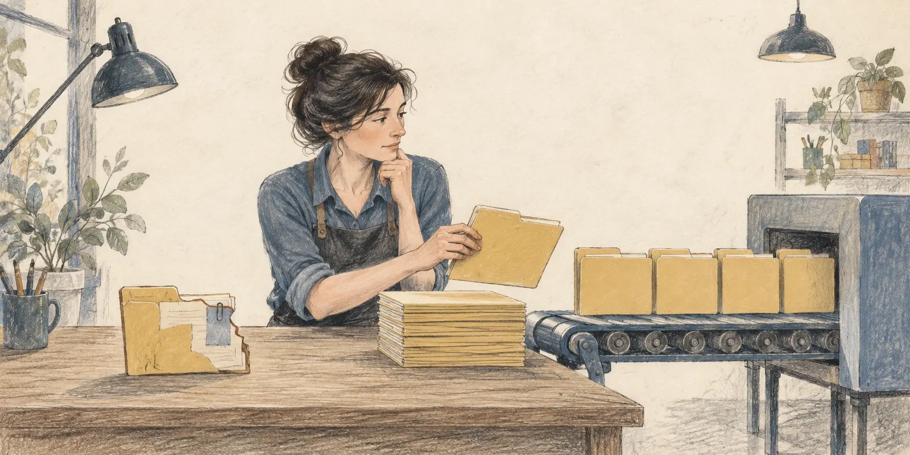 Ilustración de una emprendedora que selecciona carpetas para una cinta transportadora y conserva una carpeta distinta para revisión manual.