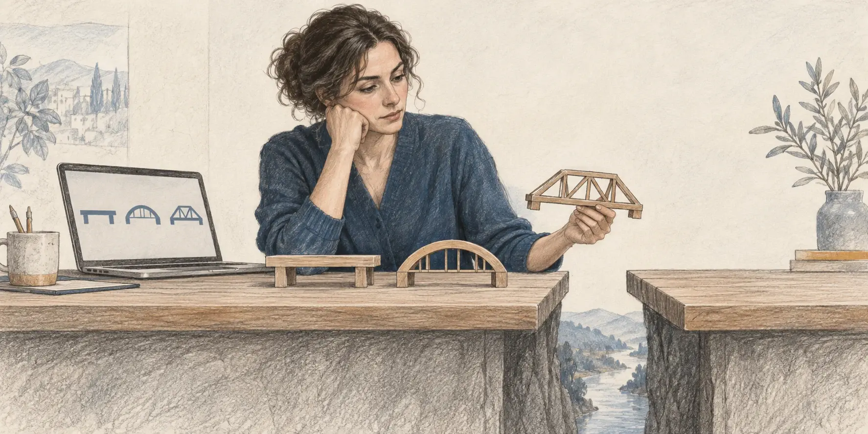 Una mujer compara tres puentes de madera para decidir cuál puede unir dos superficies separadas, junto a un portátil.