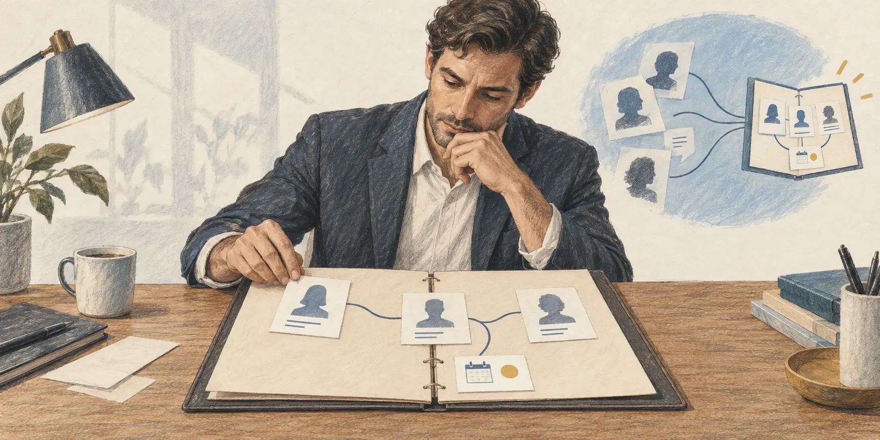 Ilustración de un vendedor que organiza fichas de clientes y próximos pasos en una carpeta compartida.