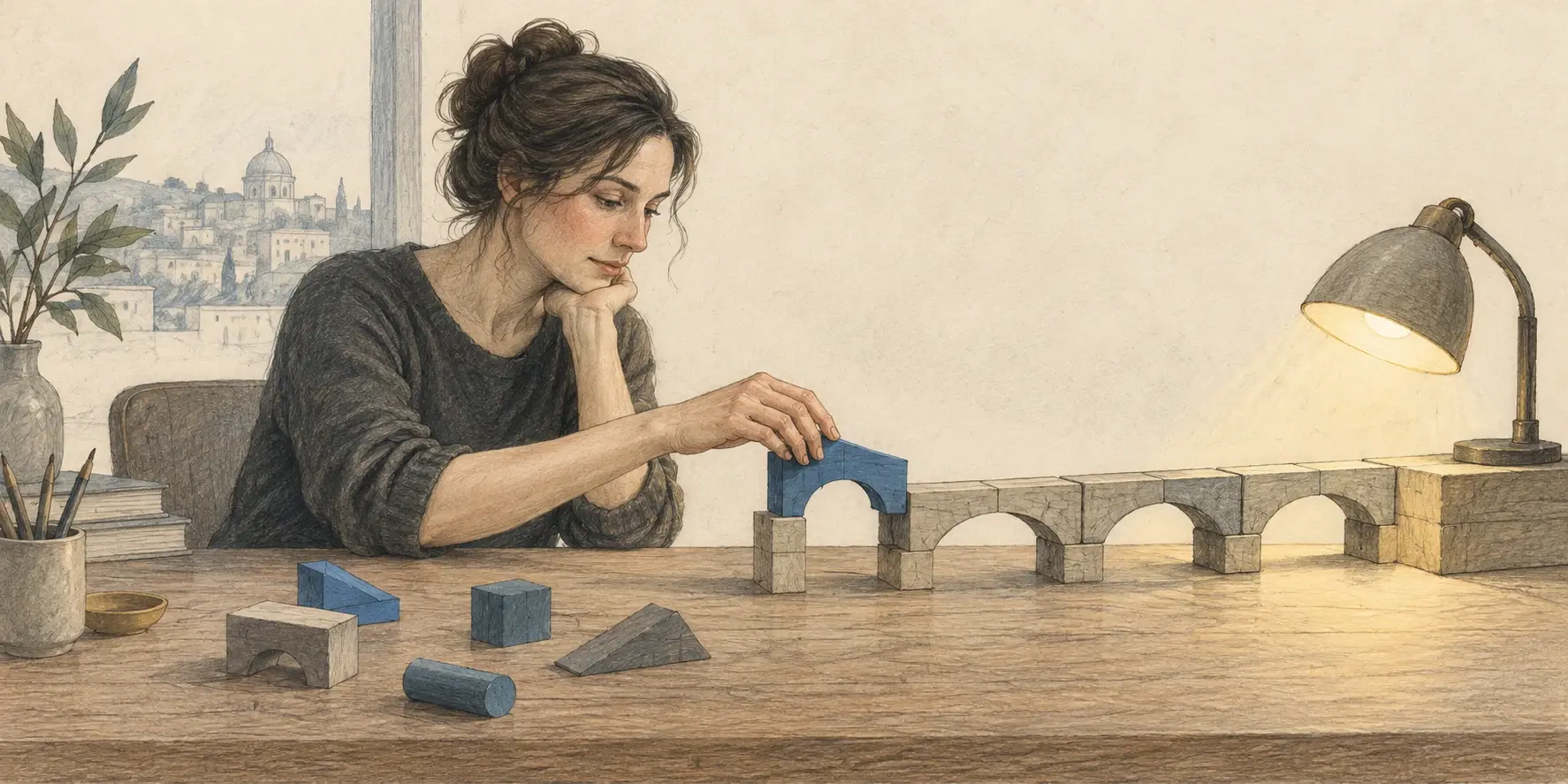Ilustración de una mujer que selecciona piezas para construir un puente, metáfora de conectar datos fiables para trabajar con IA.