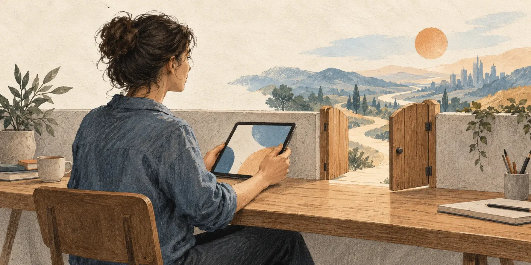 Mujer utiliza una tablet junto a una pequeña puerta abierta que representa el acceso a un ecosistema más amplio.