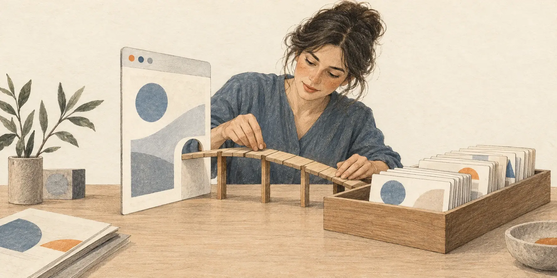 Mujer conecta un marco de página web con una bandeja de fichas mediante un pequeño puente de madera, metáfora de la integración con el CRM.