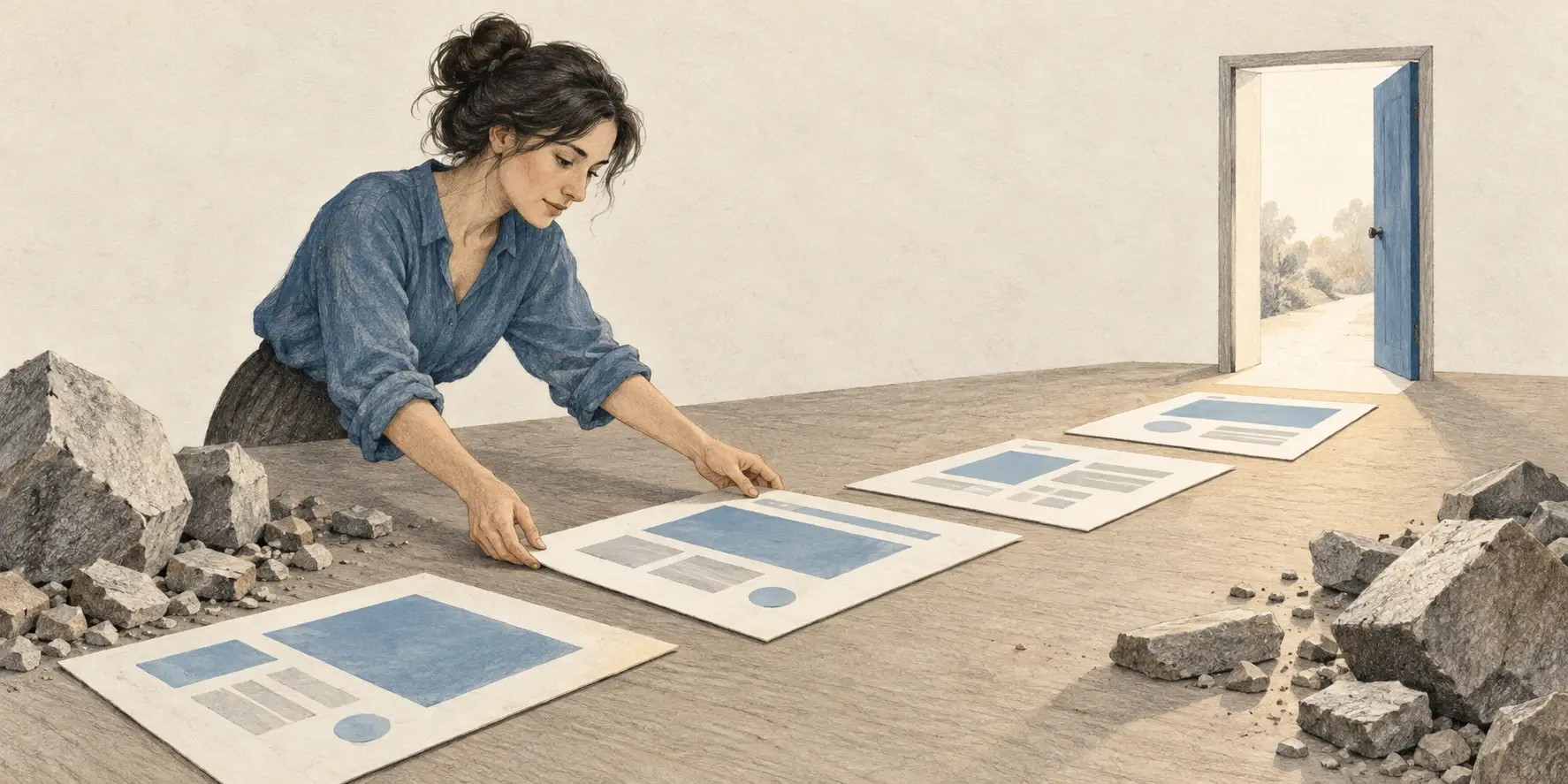 Mujer organiza páginas de papel como un camino despejado hacia una puerta abierta, metáfora del diseño web que facilita la compra.