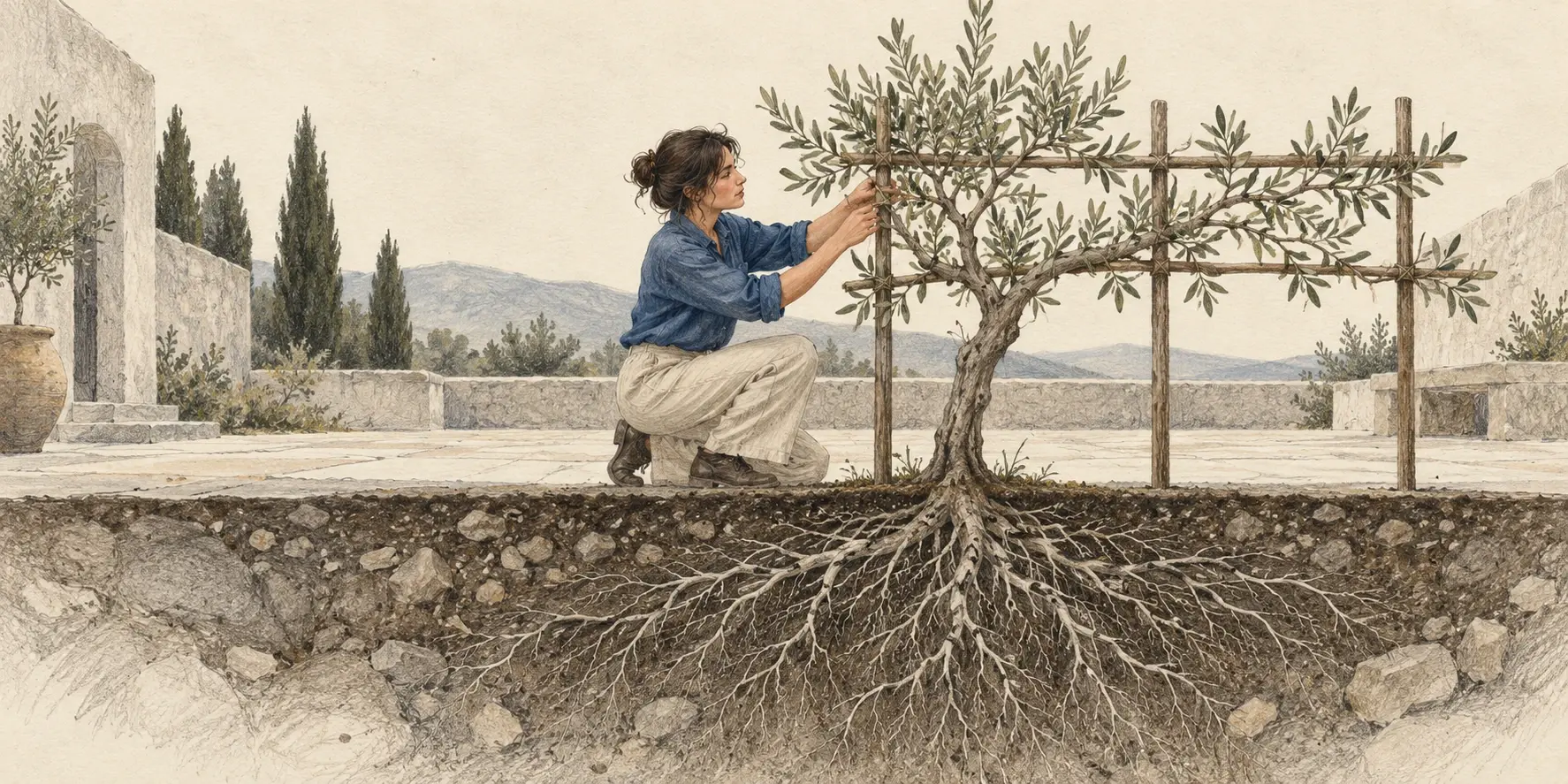 Mujer guía las ramas de un olivo sobre una estructura de madera, con sus raíces visibles como metáfora del crecimiento sostenible.