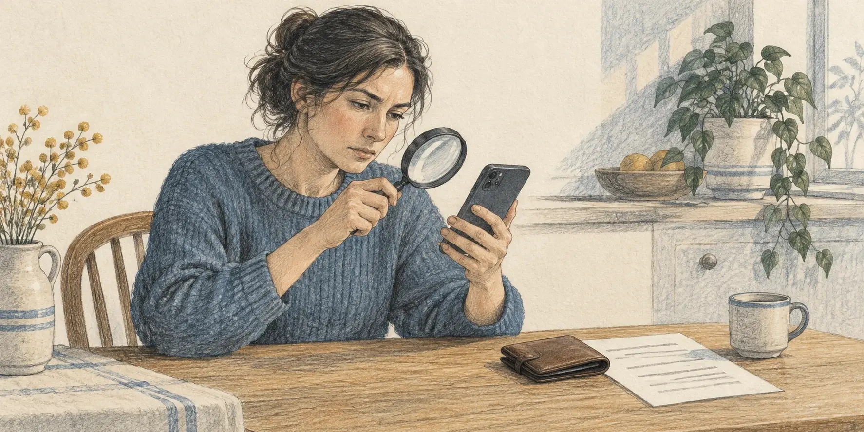 Una mujer examina su teléfono con una lupa antes de tomar una decisión financiera, junto a una billetera y un documento.