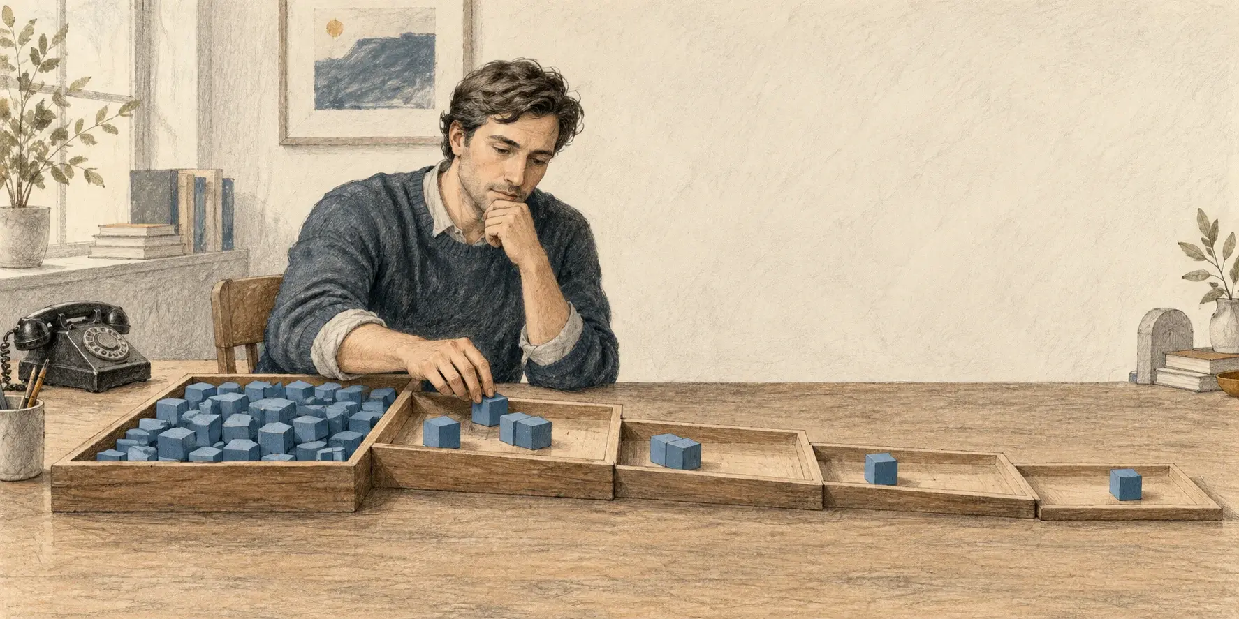 Un hombre junto a un teléfono ordena bloques azules en bandejas que representan el avance de la prospección hacia resultados.