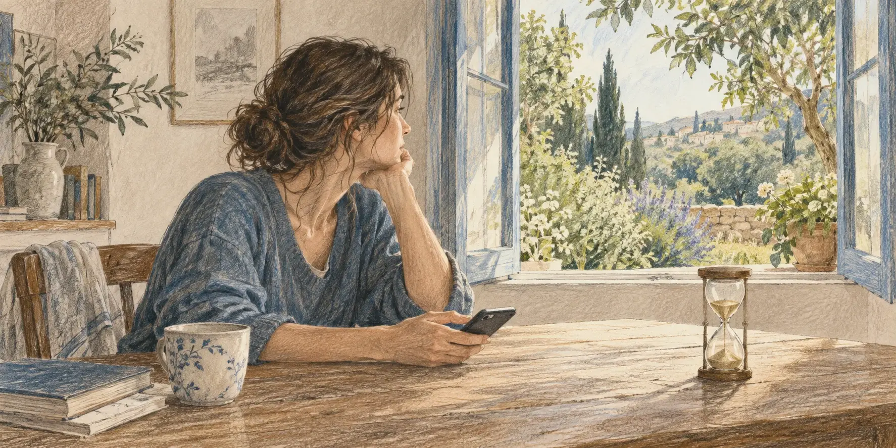Una mujer sostiene un teléfono y mira por una ventana, con un reloj de arena sobre la mesa, en una ilustración sobre tiempo en redes y bienestar.