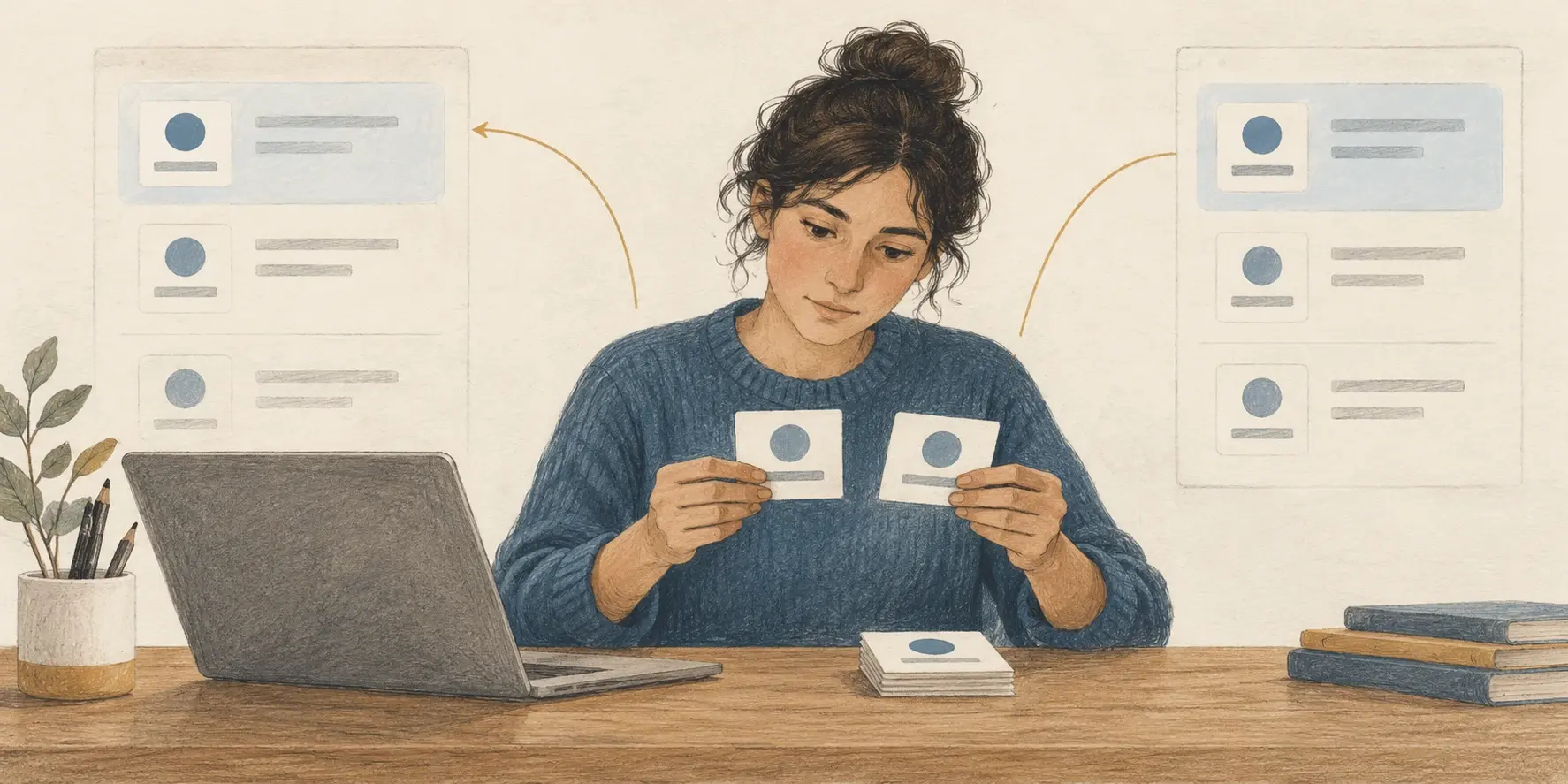 Una persona compara tarjetas de avisos junto a un computador, en una ilustración sobre cómo distinguir oportunidades laborales repetidas.