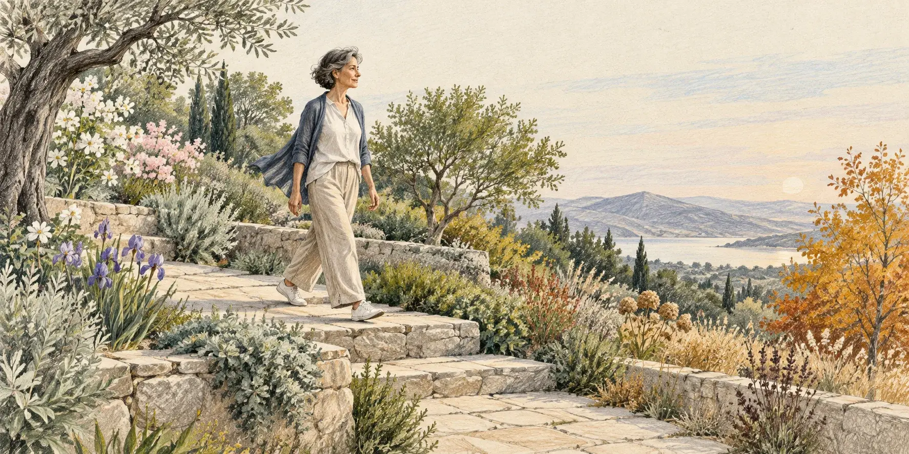 Una mujer camina por un sendero de piedra entre plantas de distintas estaciones, como metáfora de la transición menopáusica.