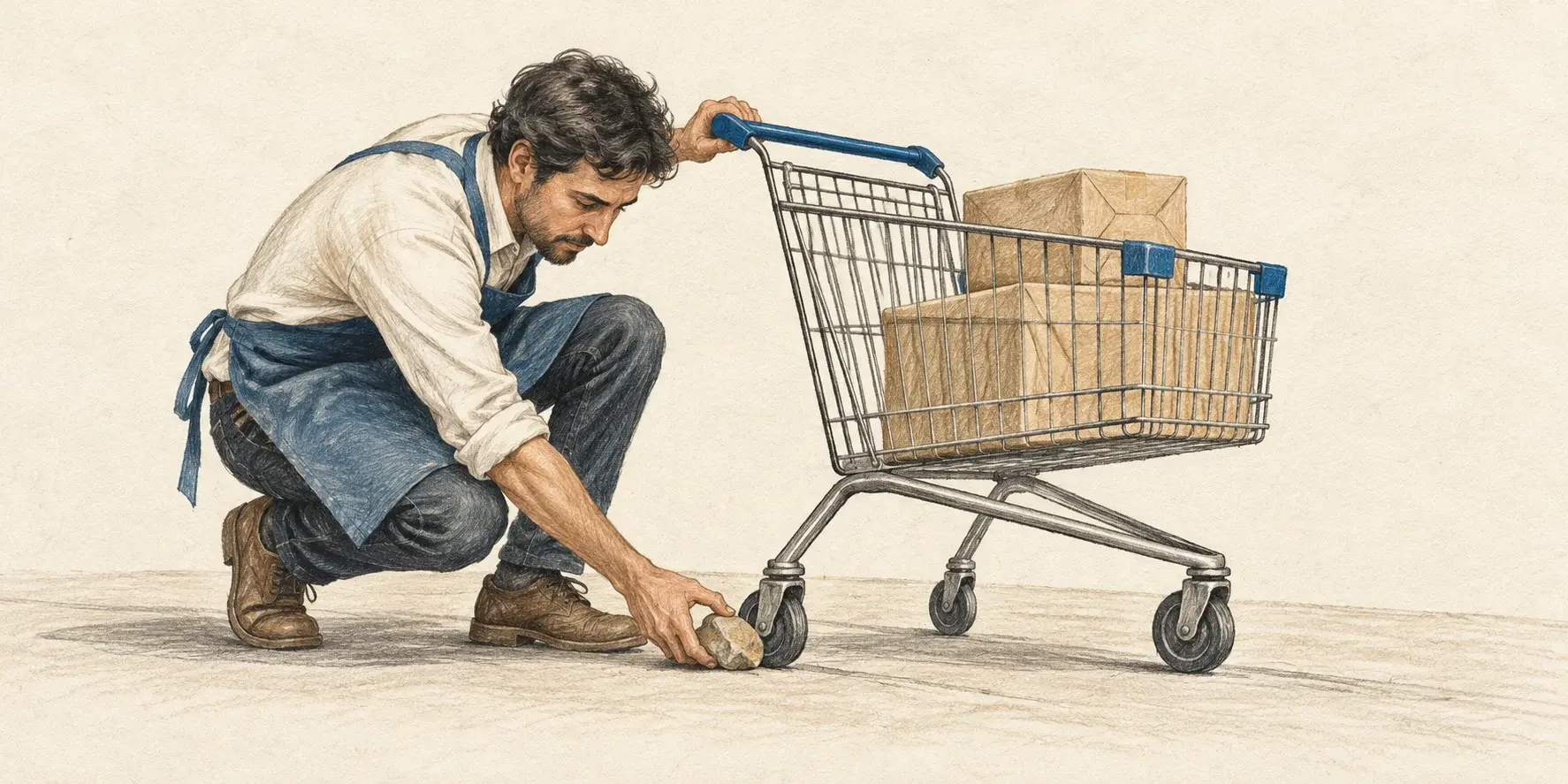 Un comerciante retira una piedra que bloquea la rueda de un carrito con paquetes, metáfora de corregir obstáculos en la compra online.