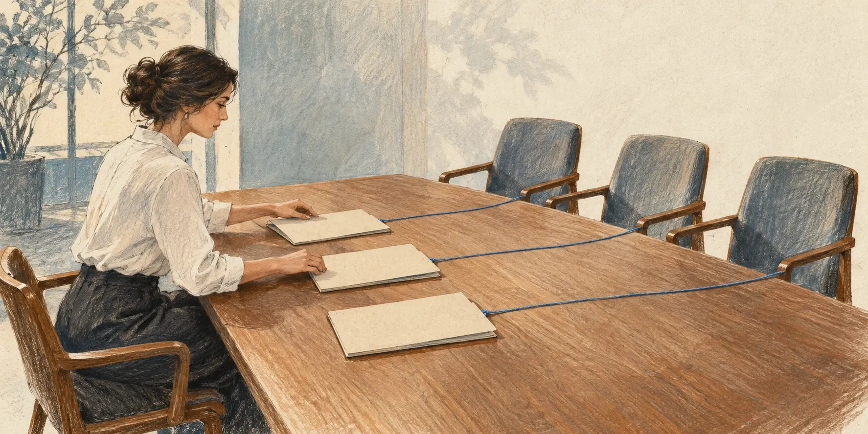 Una profesional organiza tres carpetas conectadas por hilos azules a distintas sillas de una mesa, metáfora de conversaciones coordinadas con varios decisores.