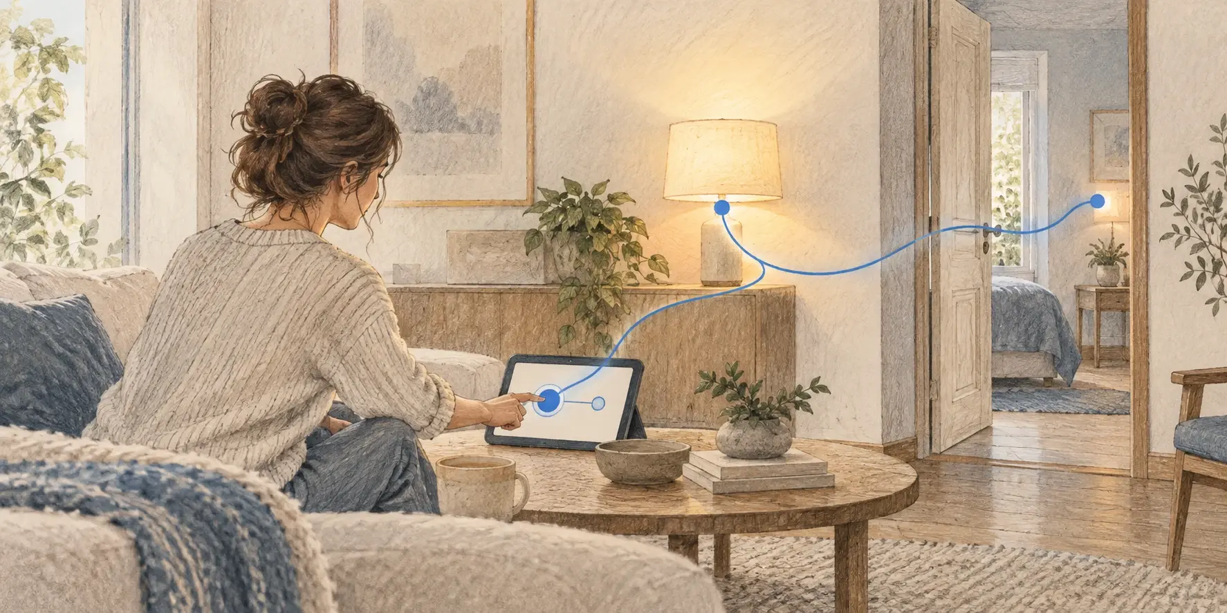 Una mujer utiliza una pantalla doméstica conectada mediante una línea azul a las luces del hogar, ilustración del control compartido de la casa.