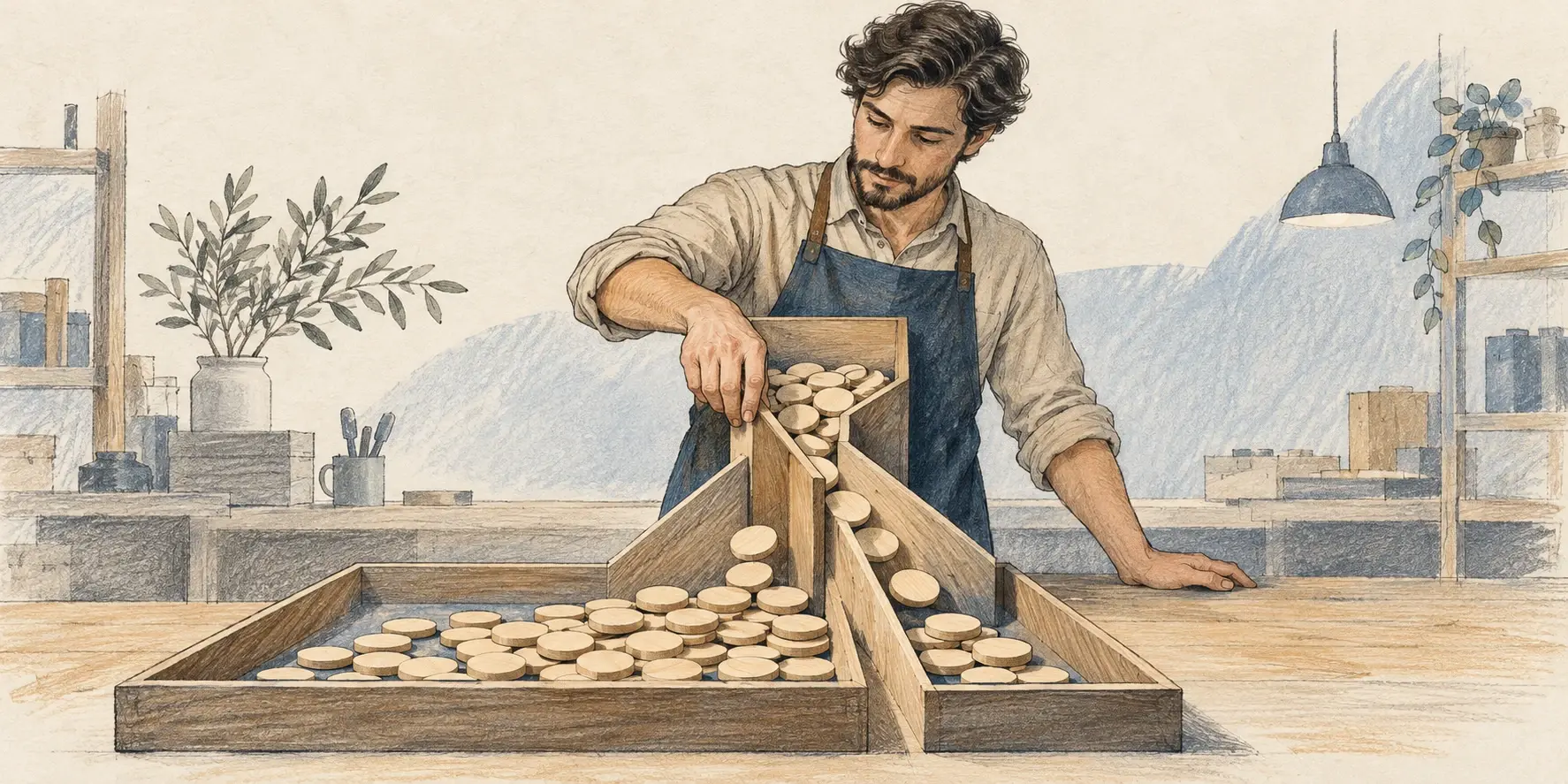 Un comerciante ajusta un divisor de madera que distribuye fichas entre dos bandejas, metáfora de la asignación de presupuesto entre canales.