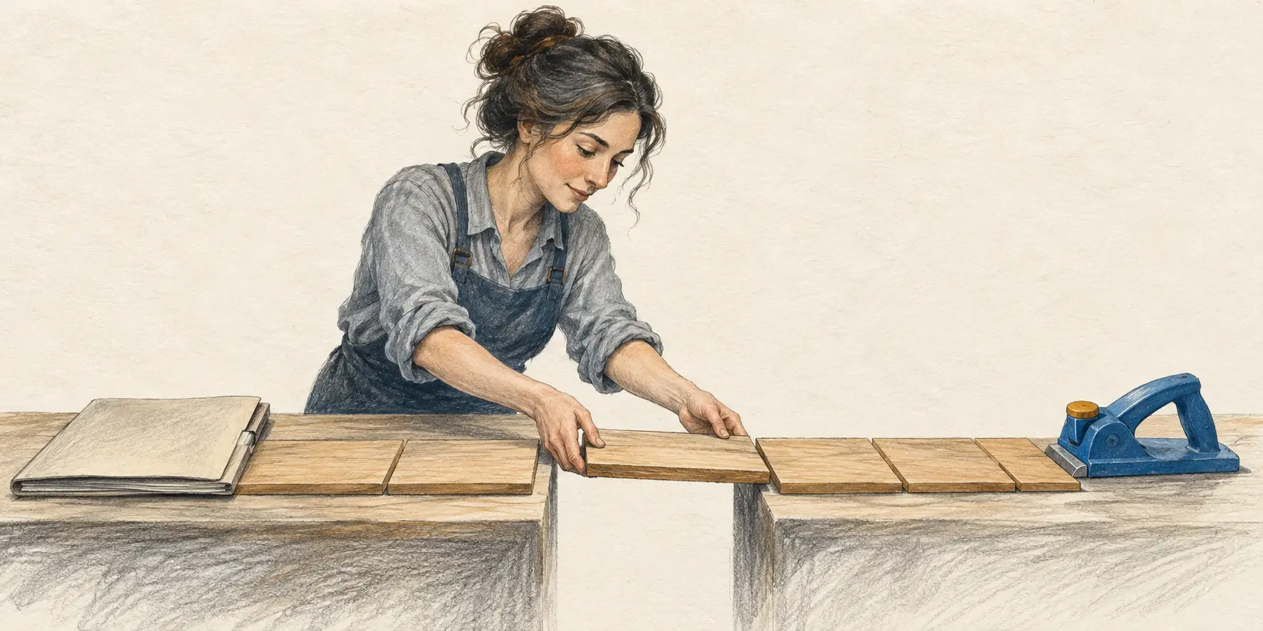 Una mujer completa un puente de tablas entre una carpeta y una herramienta, metáfora del paso de la compra al primer uso útil.