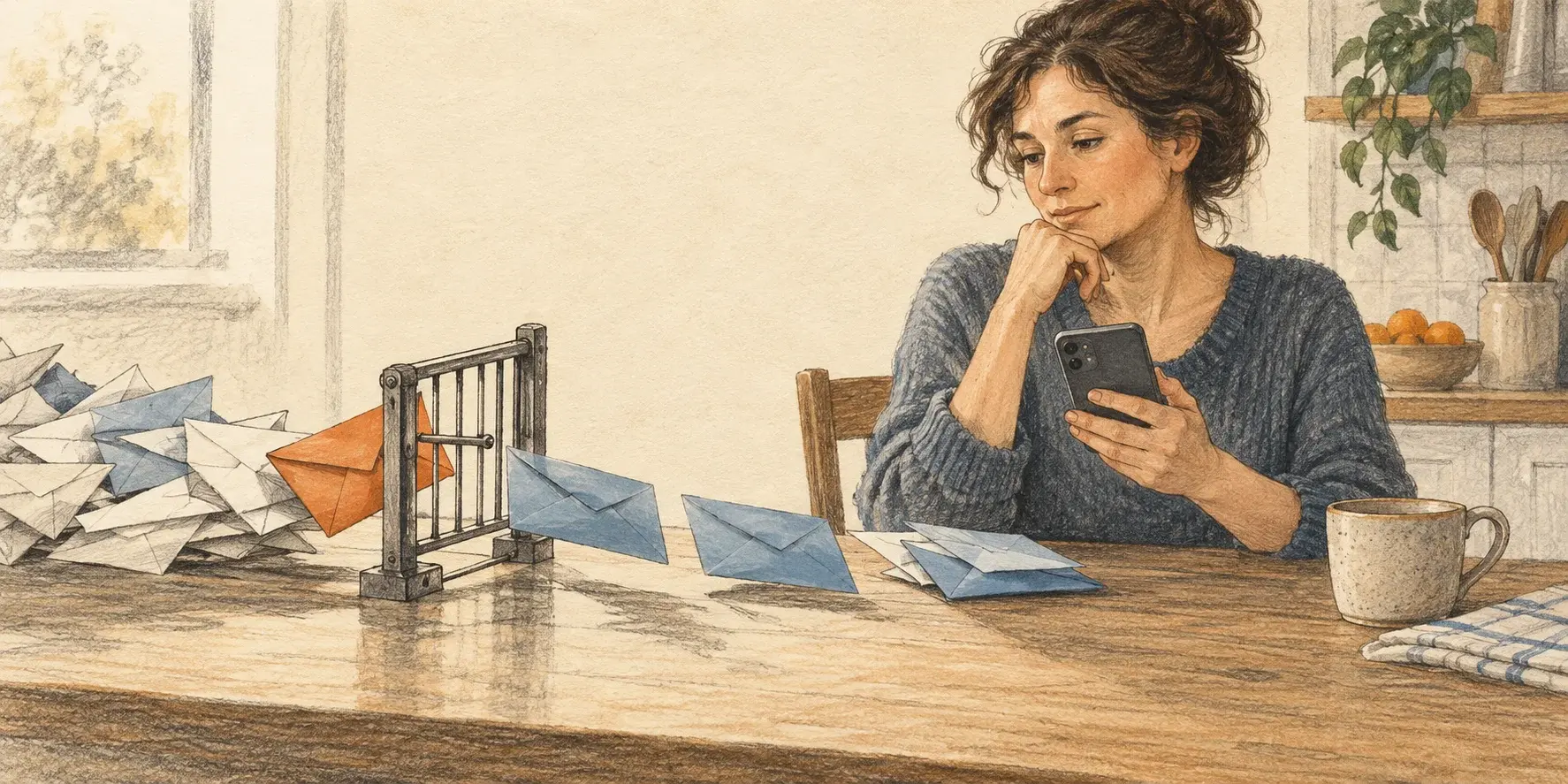 Una mujer revisa su teléfono junto a una pequeña barrera que filtra sobres, metáfora de la protección frente a mensajes fraudulentos.