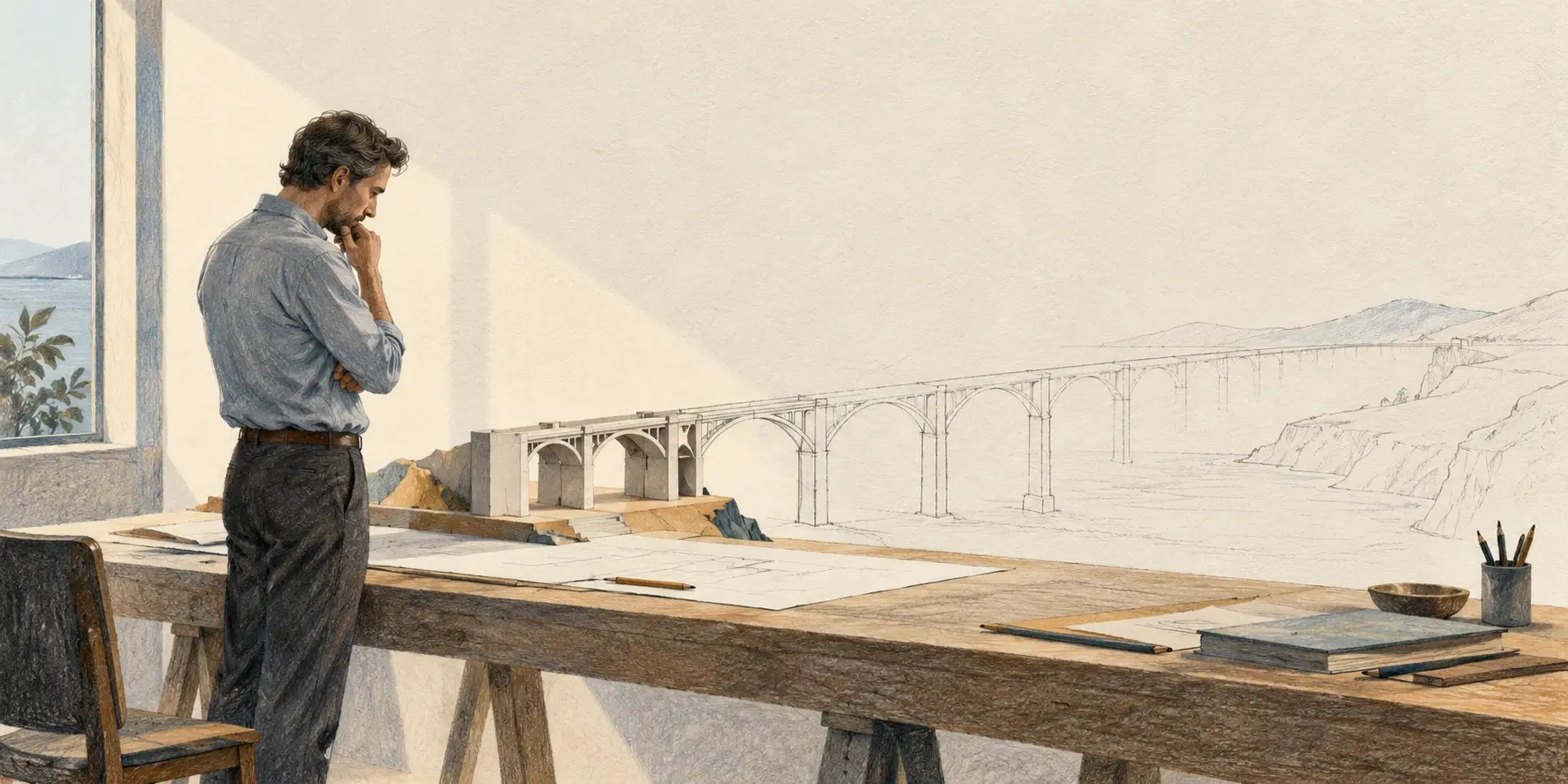 Una persona examina la maqueta de un puente cuyo trazado dibujado se extiende más allá de la parte construida, metáfora de expectativas y resultados.