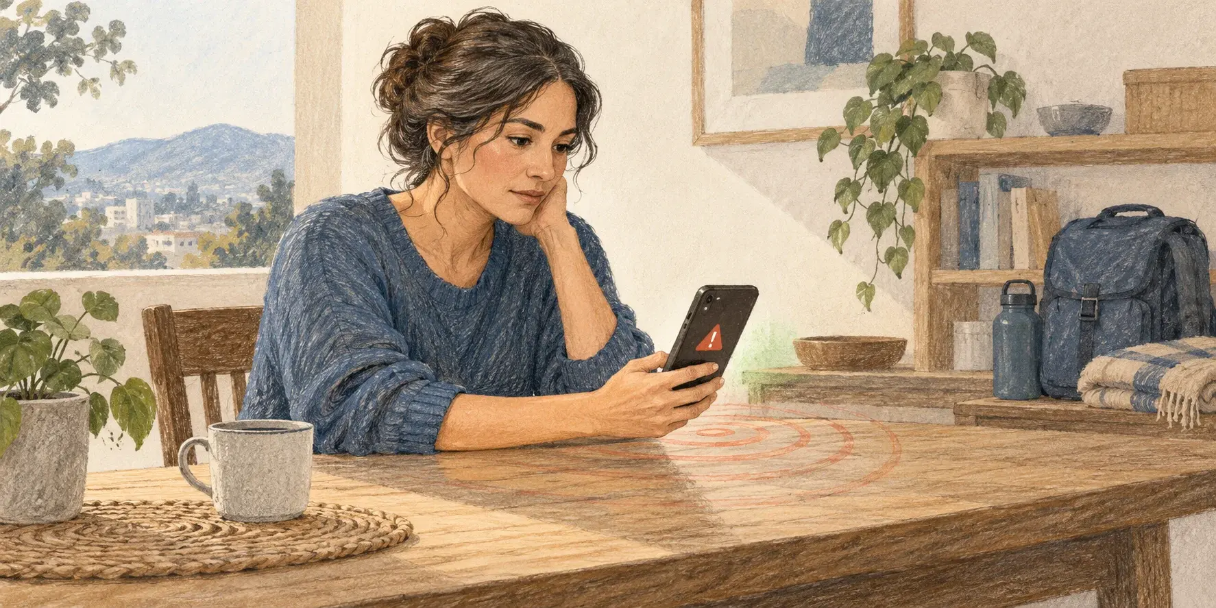 Una mujer revisa su celular en casa mientras unas ondas dibujadas sobre la mesa representan un aviso sísmico.