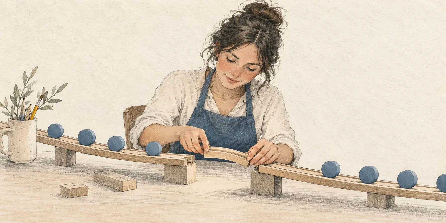 Una mujer repara una interrupción en una vía de madera con fichas azules, como metáfora de recuperar la continuidad de una suscripción.