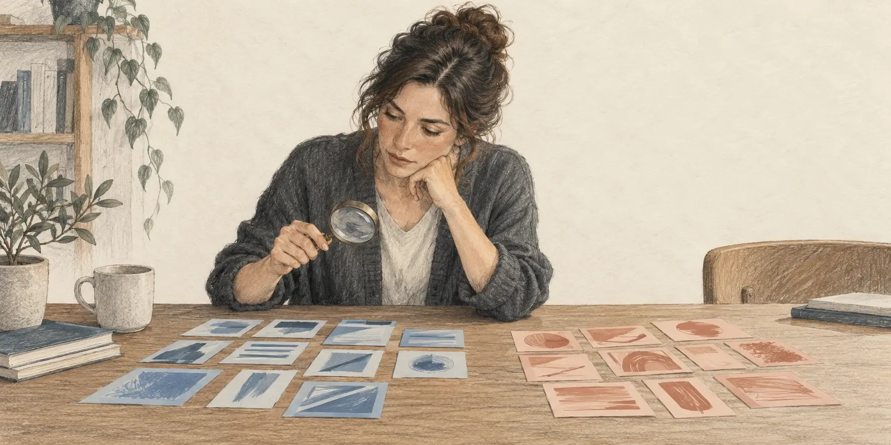 Una mujer examina con una lupa tarjetas azules y terracota para comparar los motivos de ventas ganadas y perdidas.