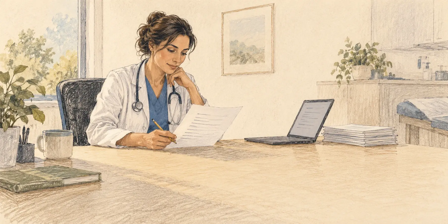 Una médica revisa una nota con un lápiz junto a un computador portátil y una pila de documentos en su escritorio.