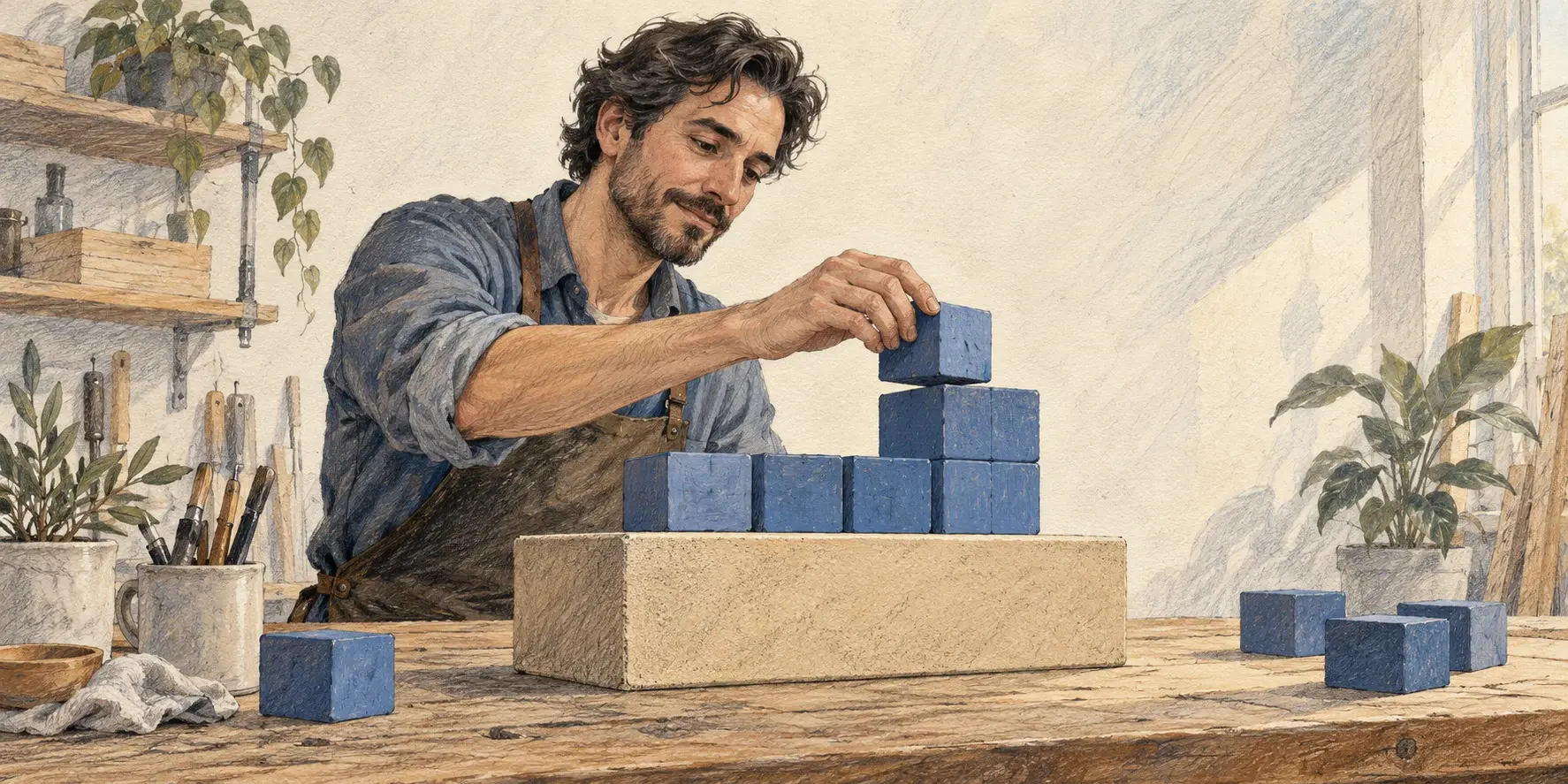 Un emprendedor coloca bloques azules sobre una base sólida, como metáfora de combinar una cuota fija con cobros por uso.