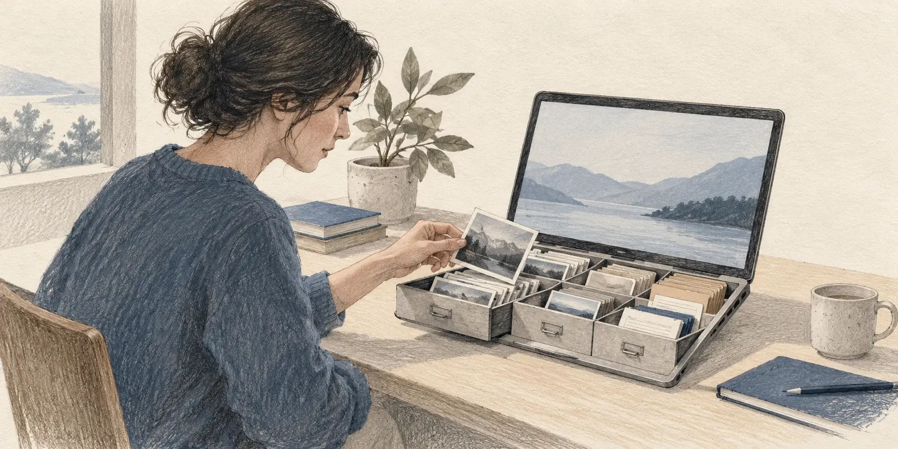 Una mujer extrae una fotografía de un archivo integrado en su computador, metáfora de la búsqueda local de información.