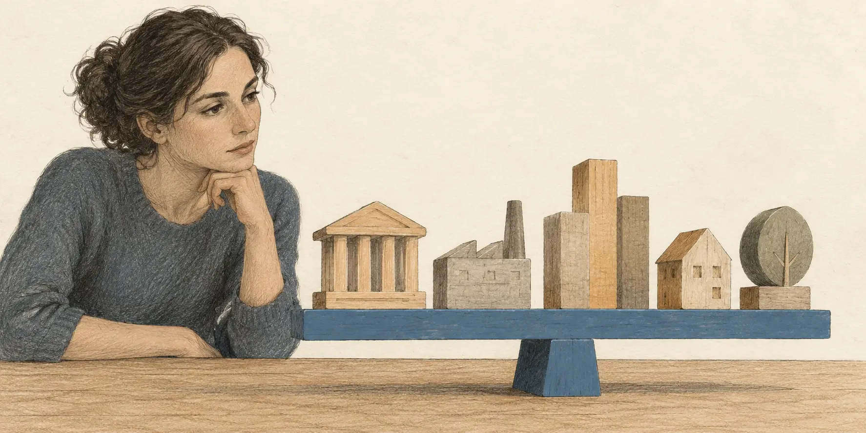 Una mujer examina una estructura de bloques apoyados sobre una misma viga azul, metáfora de las dependencias del sistema financiero.