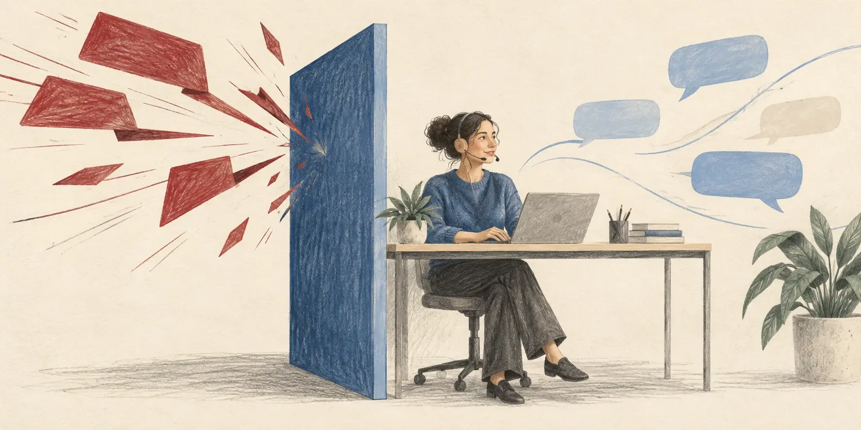 Una trabajadora atiende frente a un computador, protegida por una barrera azul que detiene mensajes rojos de formas agresivas.